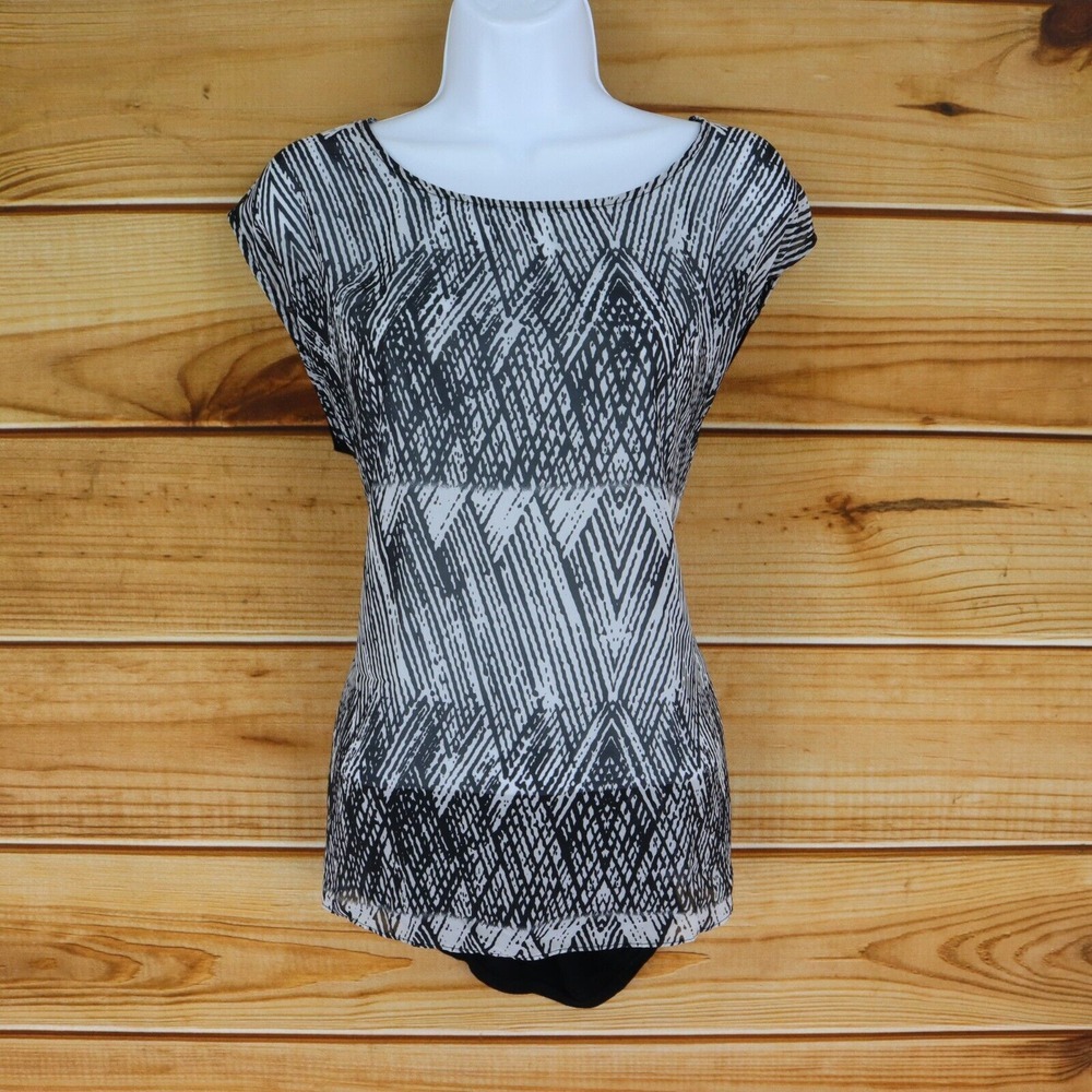 iZ Byer Sheer Blouse Womens Sz S Black Gray Geometric 100% Polyester LIGHTWEIGHT